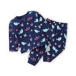 Babyhug Cotton Knit Full Sleeves Sea World Print Night Suit - Navy Blue