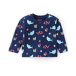 Babyhug Cotton Knit Full Sleeves Sea World Print Night Suit - Navy Blue