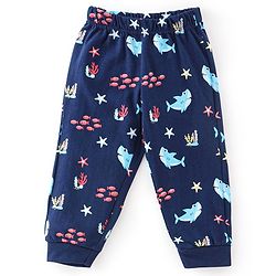 Babyhug Cotton Knit Full Sleeves Sea World Print Night Suit - Navy Blue