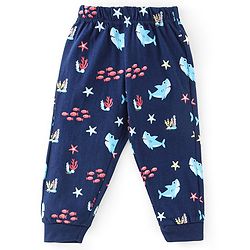 Babyhug Cotton Knit Full Sleeves Sea World Print Night Suit - Navy Blue
