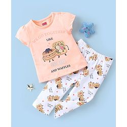 Babyhug Cotton Knit Half Sleeves Nightsuit With Pancake & Waffles Print - Peach & White
