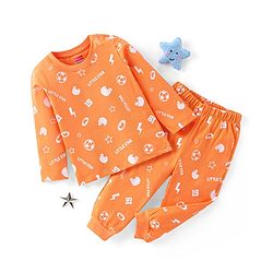 Babyhug Cotton Knit Full Sleeves Night Suit with Sports Print - Orange