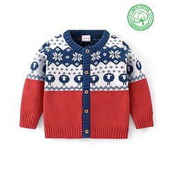 Babyhug Organic Cotton Full Sleeves Intarsia Design Front Open Sweater - Navy Blue & Red