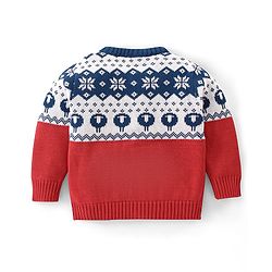 Babyhug Organic Cotton Full Sleeves Intarsia Design Front Open Sweater - Navy Blue & Red