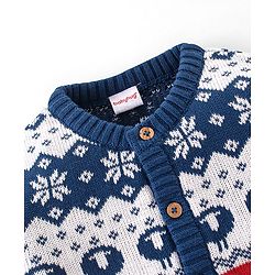 Babyhug Organic Cotton Full Sleeves Intarsia Design Front Open Sweater - Navy Blue & Red