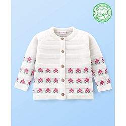 Babyhug Organic Cotton Full Sleeves Front Open Floral Design Sweater - White & Pink