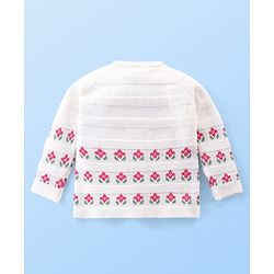 Babyhug Organic Cotton Full Sleeves Front Open Floral Design Sweater - White & Pink