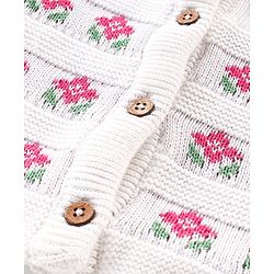 Babyhug Organic Cotton Full Sleeves Front Open Floral Design Sweater - White & Pink
