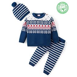 Babyhug 100% Organic Cotton Full Sleeves Sweater Set With Cap Intarsia Design- Blue