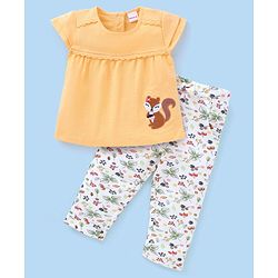 Babyhug 100% Cotton Knit Half Sleeves Top and Legging Set With Squirrel Patch & Fruits Print - Yellow & White