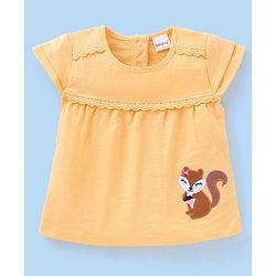 Babyhug 100% Cotton Knit Half Sleeves Top and Legging Set With Squirrel Patch & Fruits Print - Yellow & White