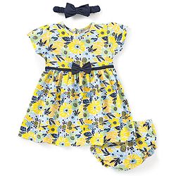 Babyhug 100% Cotton Short Sleeves Frock With Bloomer Headband & Floral Print - White & Yellow