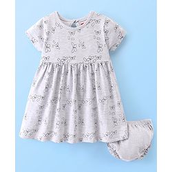 Babyhug 100% Cotton Knit Half Sleeves Frock With Bloomer Butterfly Print - Grey