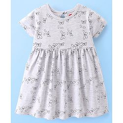 Babyhug 100% Cotton Knit Half Sleeves Frock With Bloomer Butterfly Print - Grey