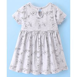 Babyhug 100% Cotton Knit Half Sleeves Frock With Bloomer Butterfly Print - Grey