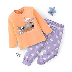Babyhug Cotton Full Sleeves Night Suit Bunny & Stars Print- Peach & Lavender