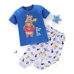 Babyhug Cotton Knit Half Sleeves Striped Night Suit Teddy Print - Blue & Ecru Melange