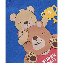 Babyhug Cotton Knit Half Sleeves Striped Night Suit Teddy Print - Blue & Ecru Melange