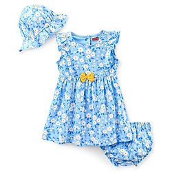 Babyhug 100% Cotton Knit Frill Sleeves Frock with Bloomers & Cap Floral Print - Blue