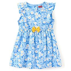 Babyhug 100% Cotton Knit Frill Sleeves Frock with Bloomers & Cap Floral Print - Blue
