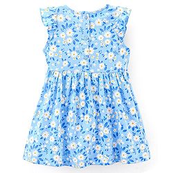 Babyhug 100% Cotton Knit Frill Sleeves Frock with Bloomers & Cap Floral Print - Blue