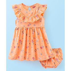 Babyhug 100% Cotton Knit Cap Sleeves Frock with Bloomer Floral Print - Orange