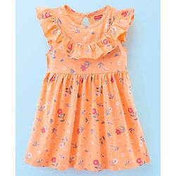 Babyhug 100% Cotton Knit Cap Sleeves Frock with Bloomer Floral Print - Orange