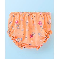 Babyhug 100% Cotton Knit Cap Sleeves Frock with Bloomer Floral Print - Orange
