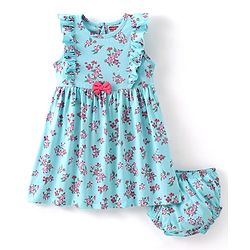 Babyhug 100% Cotton Knitted Sleeveless Frock With Bloomer Floral Print- Blue