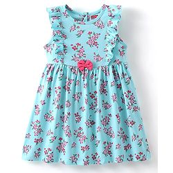 Babyhug 100% Cotton Knitted Sleeveless Frock With Bloomer Floral Print- Blue