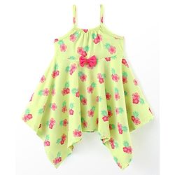 Babyhug 100% Cotton Knit Sleeveless Frock with Floral Print & Bow Applique - Lime Green