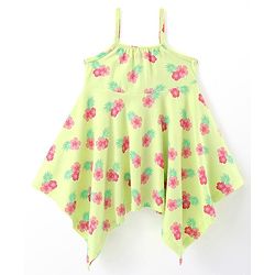 Babyhug 100% Cotton Knit Sleeveless Frock with Floral Print & Bow Applique - Lime Green