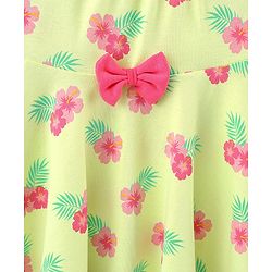 Babyhug 100% Cotton Knit Sleeveless Frock with Floral Print & Bow Applique - Lime Green