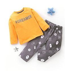 Babyhug Cotton Knit Full Sleeves Night Suit Dreamer Print - Grey & Yellow