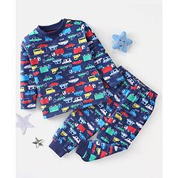Babyhug Cotton Full Sleeves Car Print Pyjama Sets Nightwear - Blue