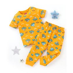 Babyhug Cotton Knit Half Sleeves Night Suit Spacecraft Print - Yellow