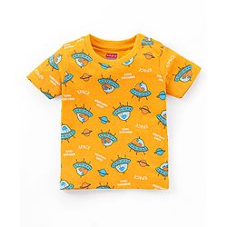 Babyhug Cotton Knit Half Sleeves Night Suit Spacecraft Print - Yellow