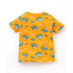 Babyhug Cotton Knit Half Sleeves Night Suit Spacecraft Print - Yellow