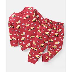 Babyhug Cotton Knit Full Sleeves Vehicles Print Night Suit - Red