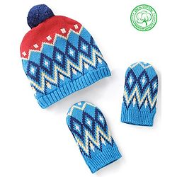 Babyhug Organic Cotton Woollen Cap and Mitten Set Diamond Design Blue -  Cap Diameter 9.5 cm