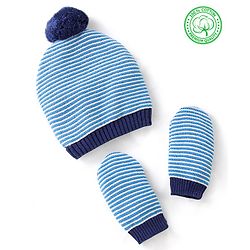 Babyhug Organic Cotton Woollen Cap and Mitten Set Stripes Design Blue - Cap Diameter 9.5 cm