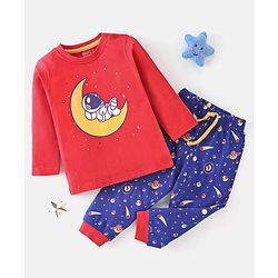 Babyhug Cotton Full Sleeves Pyjama Nightwear Set Bear Print - Blue & Red