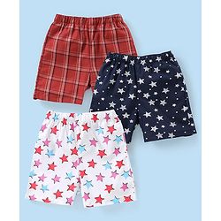 Babyhug Cotton Woven Boxers Checks & Star Print Pack of 3- Maroon Blue & White
