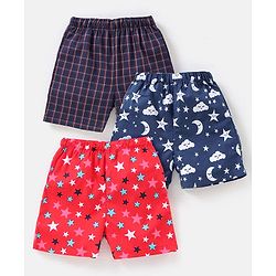 Babyhug Cotton Woven Boxers Checks & Moon Print Pack of 3 - Blue & Red