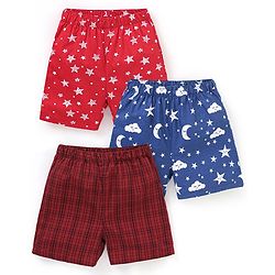 Babyhug Cotton Knit Boxers Star & Moon Print Pack of 3 - Maroon Blue & Red