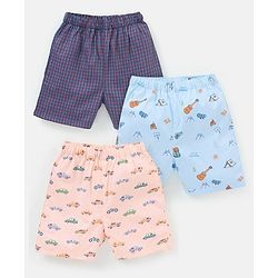 Babyhug Cotton Knit Boxers Checks & Cars Print Pack of 3 - Blue & Pink