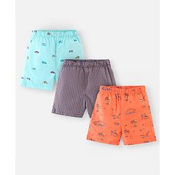 Babyhug Cotton Boxers Checks & Dino Print Pack of 3- Orange & Blue