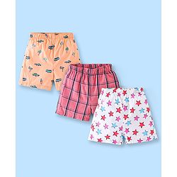 Babyhug Cotton Boxers Checks & Dino Print Pack of 3- Orange Pink & White