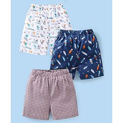 Babyhug Cotton Woven Boxer Checks & Surfboard Print Pack of 3 - White & Blue