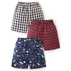 Babyhug Cotton Knit Boxer Checks & Space Print Pack of 3 - Beige Red & Blue